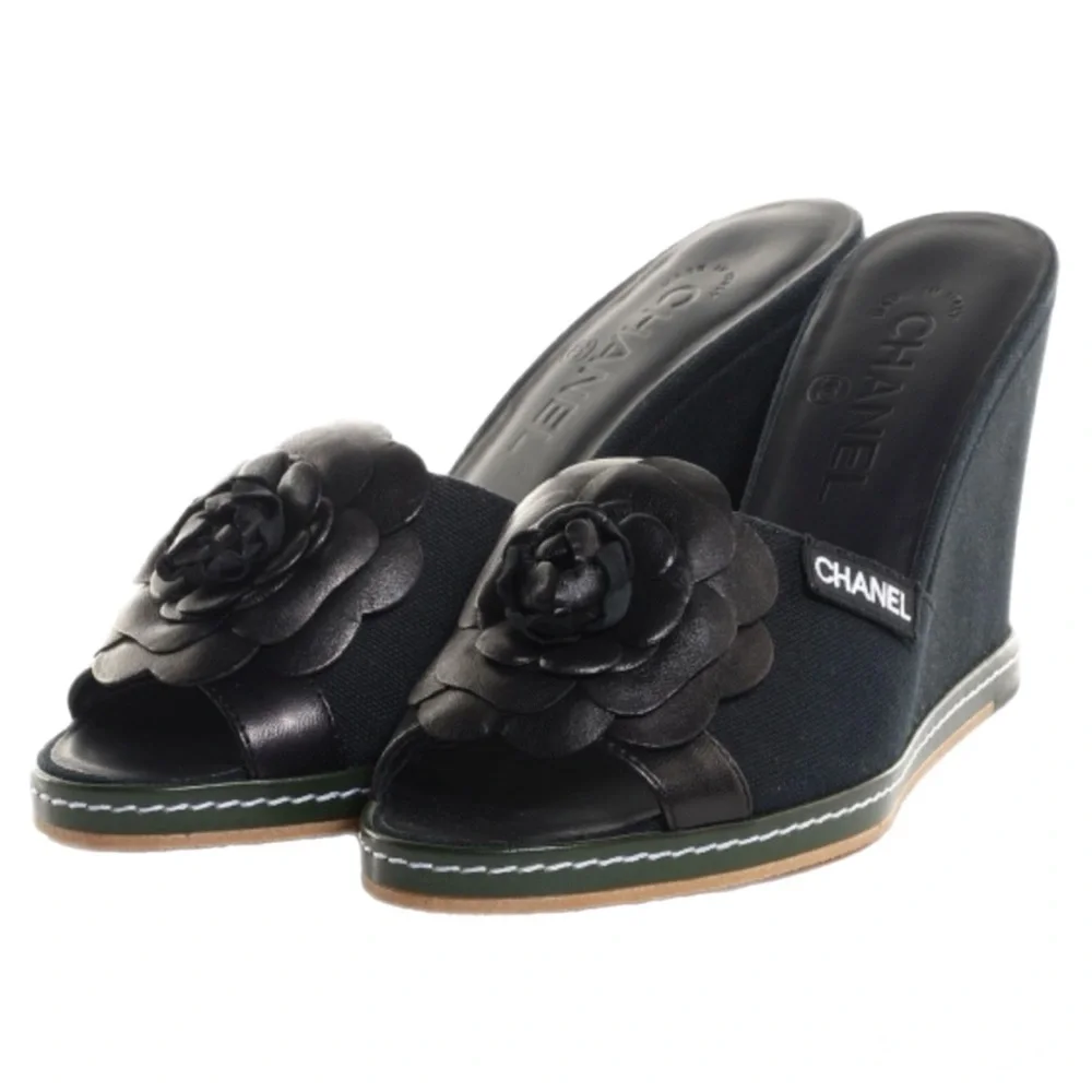 🩷CHANEL Canvas Leather Camellia Slide On Platform Wedge Sandals • BLACK • 36.5EU
